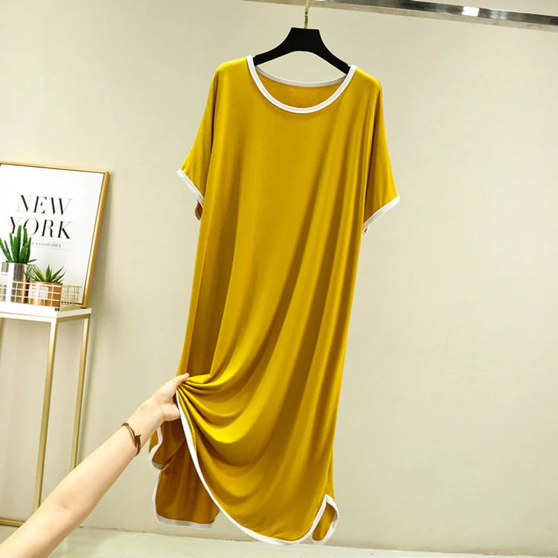 Soft Modal Sleep Dress For Women Summer Plus Size Short Sleeve Loose Casual Homewear Nightdress Long Underskirt Nightgown