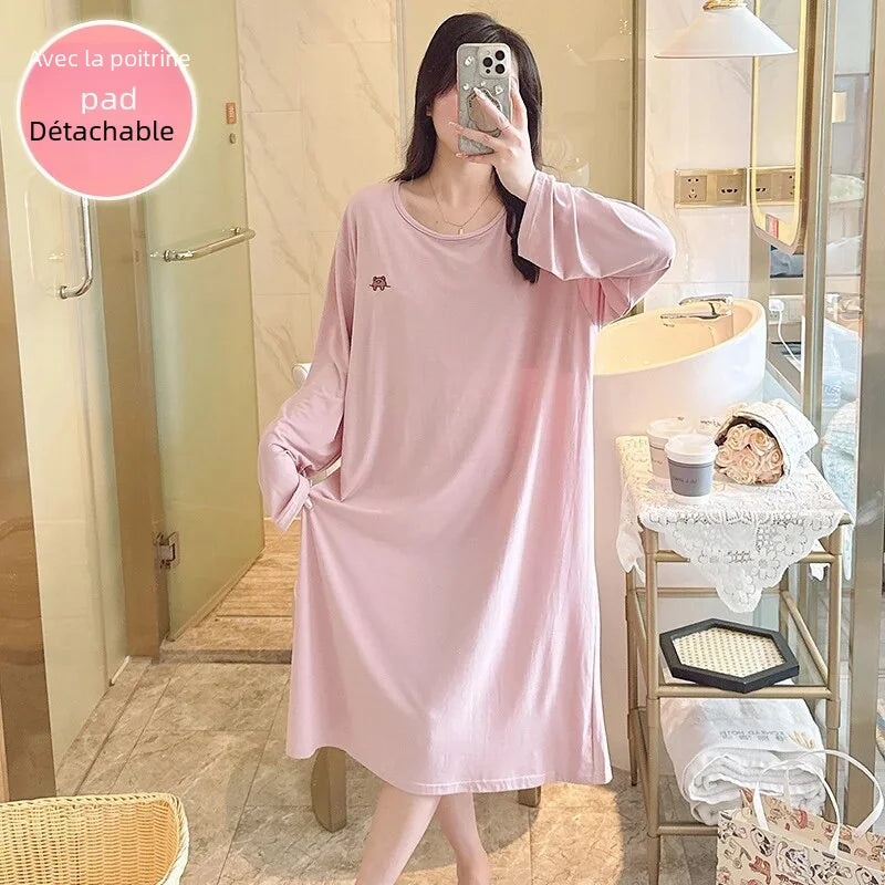 Spring Women's Long Sleeve Round Neck Nightgown Chest Pad Modal Fabric Sleeveless Sleepshirt Suitable For Homewear