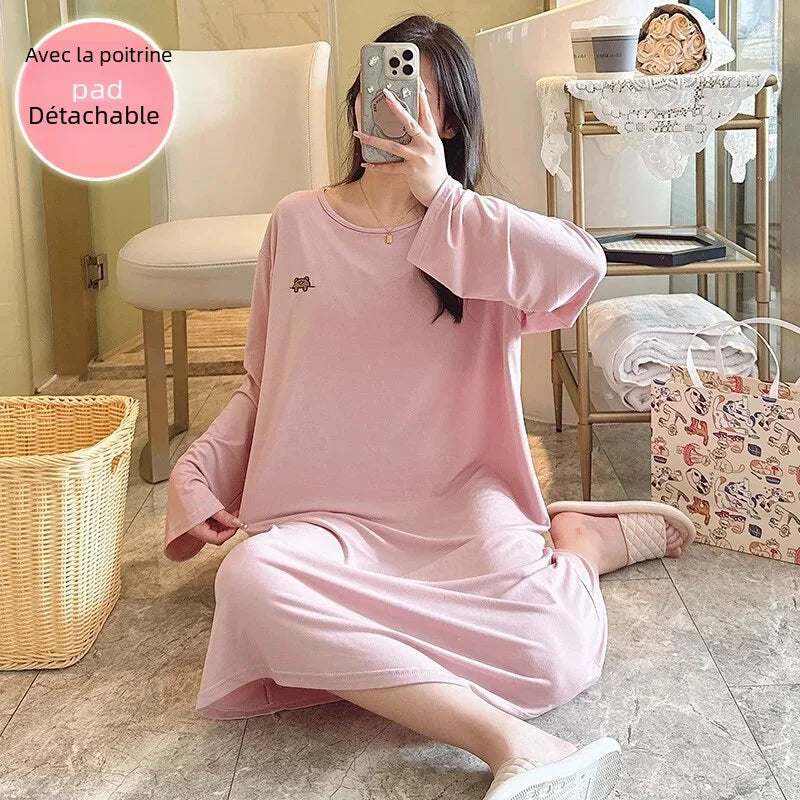 Spring Women's Long Sleeve Round Neck Nightgown Chest Pad Modal Fabric Sleeveless Sleepshirt Suitable For Homewear