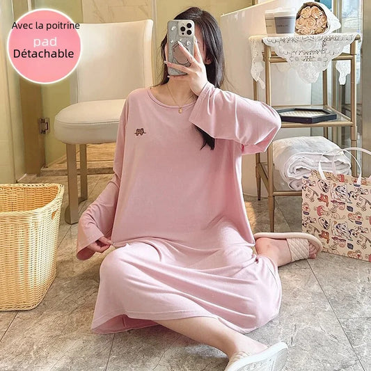 Spring Women's Long Sleeve Round Neck Nightgown Chest Pad Modal Fabric Sleeveless Sleepshirt Suitable For Homewear